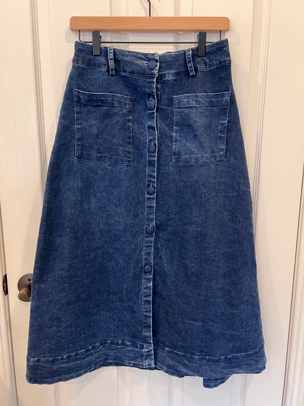 Free People Button-Front A-Line Denim Skirt in Dark Blue